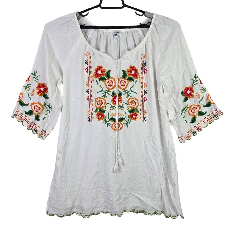 Womens Chic Connection Multicolor Embroidered Tunic Dress Keyhole Tie Neck 1X